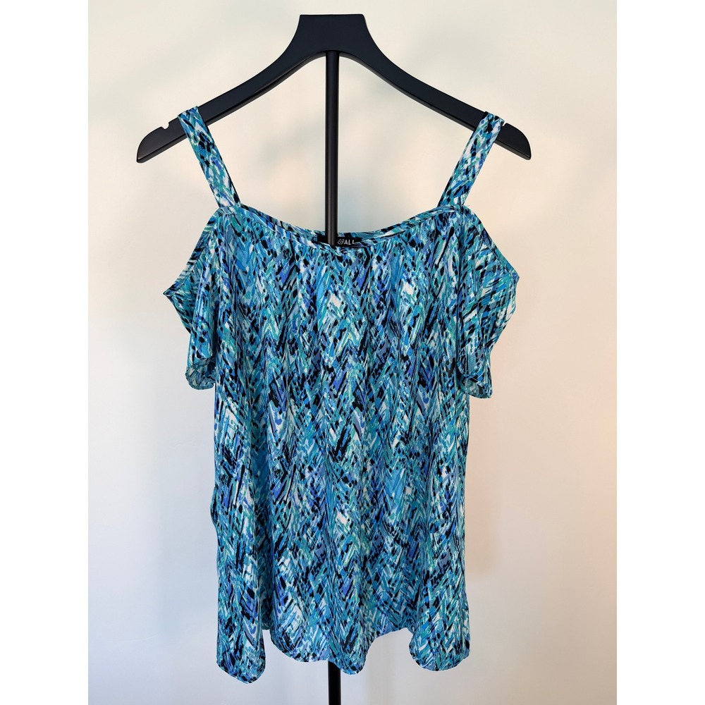 Roz & Ali Womens XL Cold Shoulder Top Blue Teal Abstract Chevron Print Blouse
